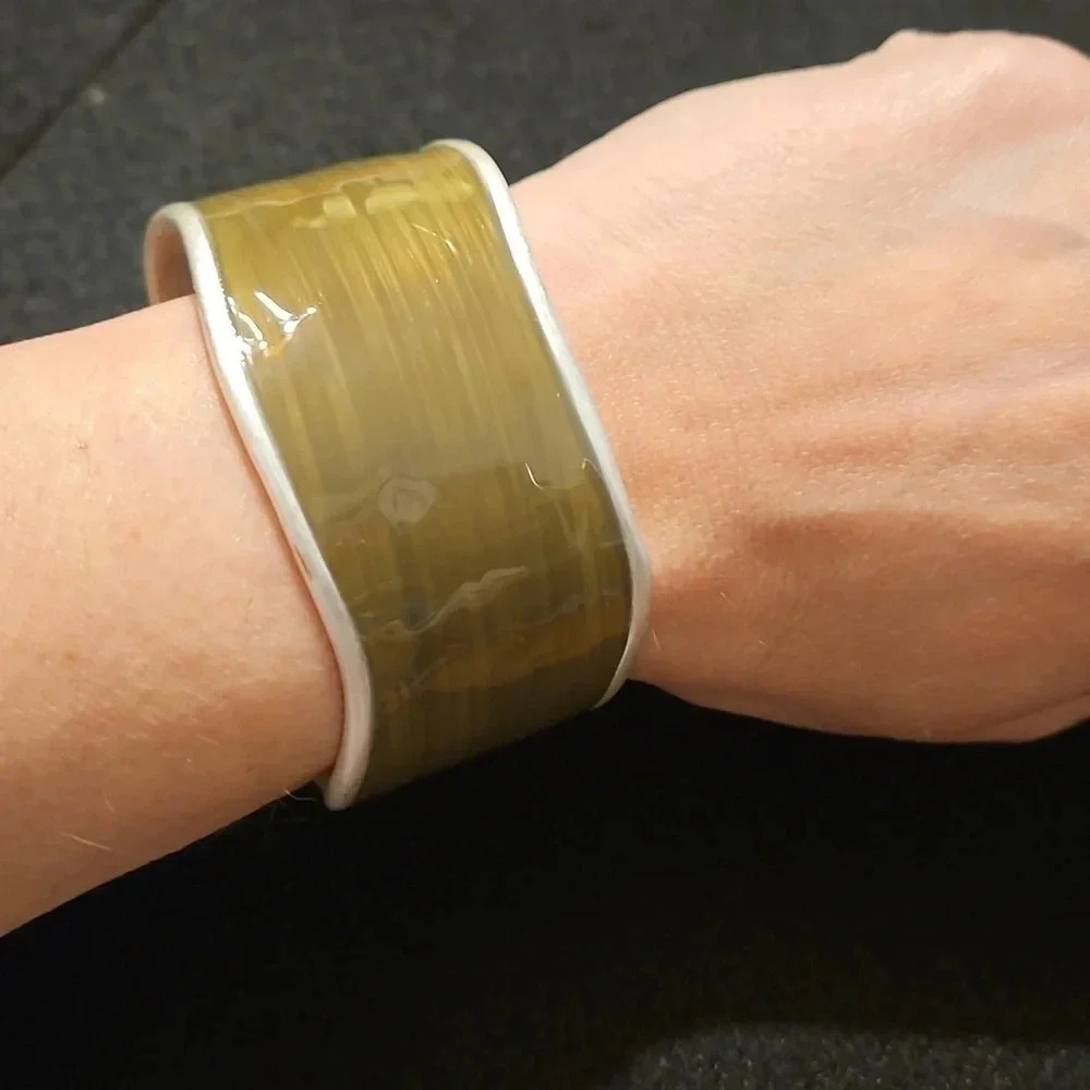 Lia Sophia Olive Green Enamled‎ Sliver Cuff Statement Fashion Bracelet